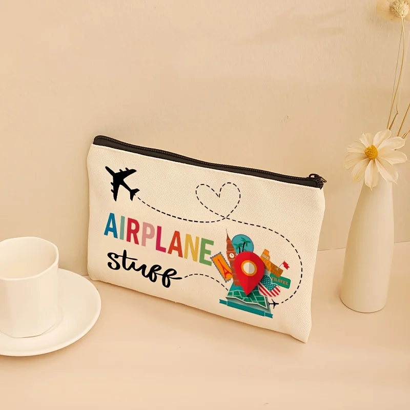 Cute Multifunctional Travel-themed Makeup Bag - A compact and stylish makeup bag designed for everyday beauty essentials. Features practical storage space with a secure zipper closure. Perfect for travel, work, or daily use.
