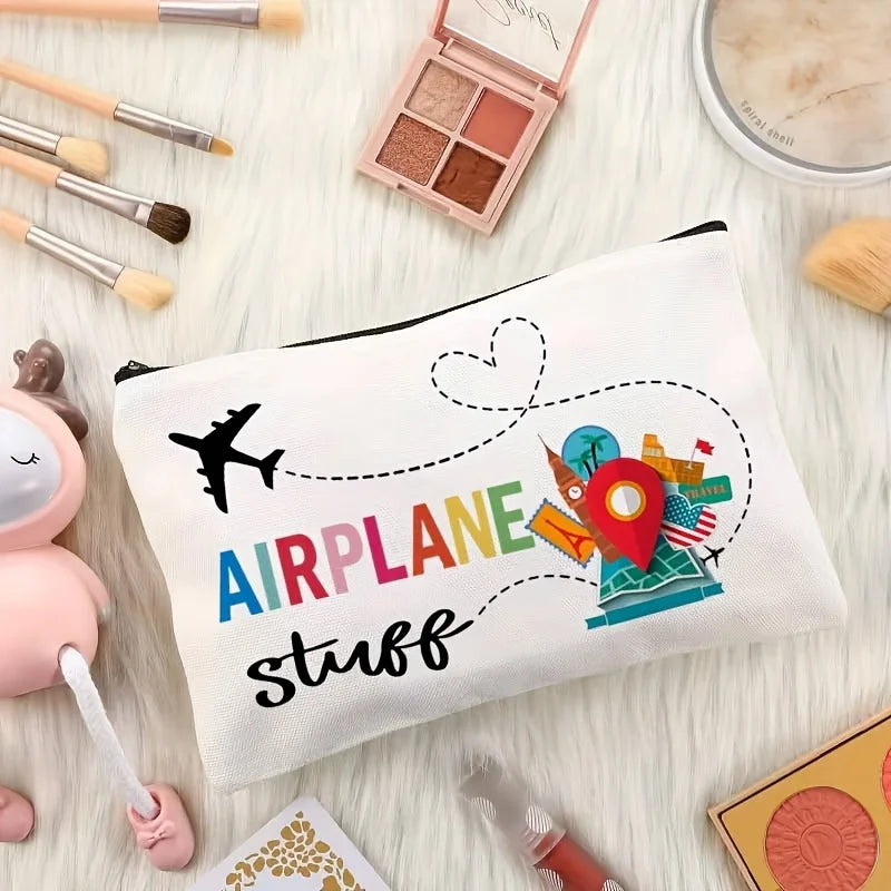 Cute Multifunctional Travel-themed Makeup Bag - A compact and stylish makeup bag designed for everyday beauty essentials. Features practical storage space with a secure zipper closure. Perfect for travel, work, or daily use.