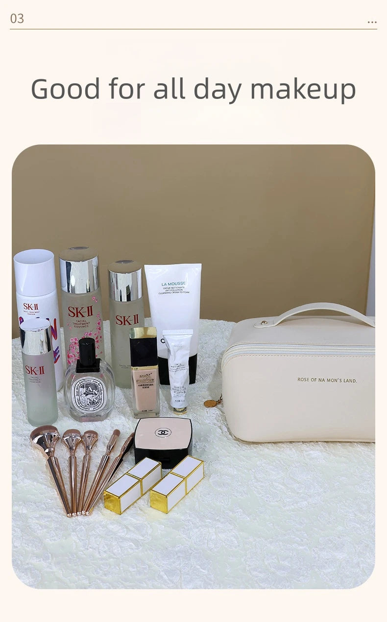 Luxury Makeup & Skincare Travel Bag - A spacious travel bag designed to hold makeup and skincare products securely. Structured design keeps items organized and protected. Perfect for trips, vacations, or everyday organization.
