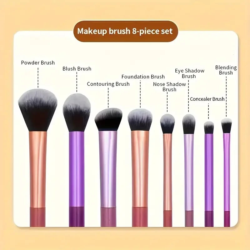 8-Piece soft Synthetic Makeup Brush Kit - A compact brush kit designed for natural looks and full glam finishes. Lightweight, soft and beginner-friendly.