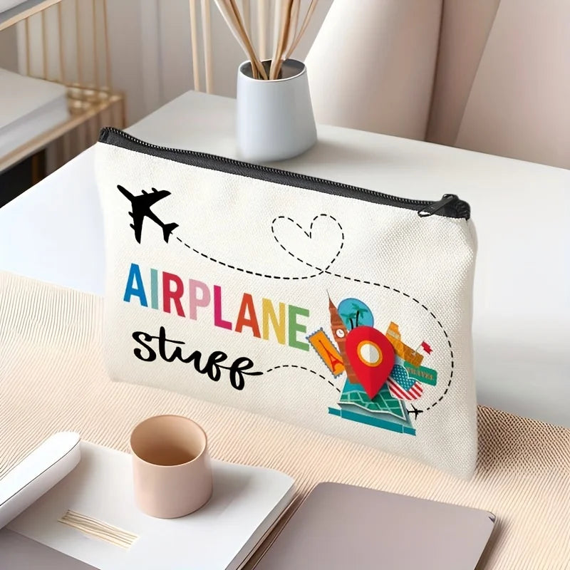 Cute Multifunctional Travel-themed Makeup Bag - A compact and stylish makeup bag designed for everyday beauty essentials. Features practical storage space with a secure zipper closure. Perfect for travel, work, or daily use.