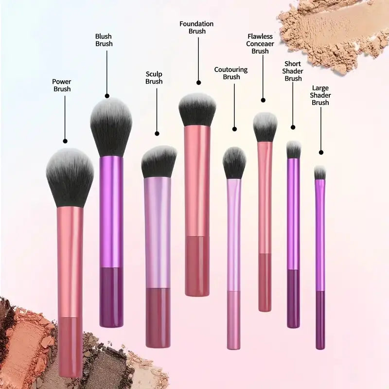 The Essential 8-Piece Brush Collection - A compact 8-piece brush set for simple and precise makeup application. Soft synthetic fibers allow easy blending and smooth finish. Lightweight and easy to clean. Great for travel or minimal makeup kits.