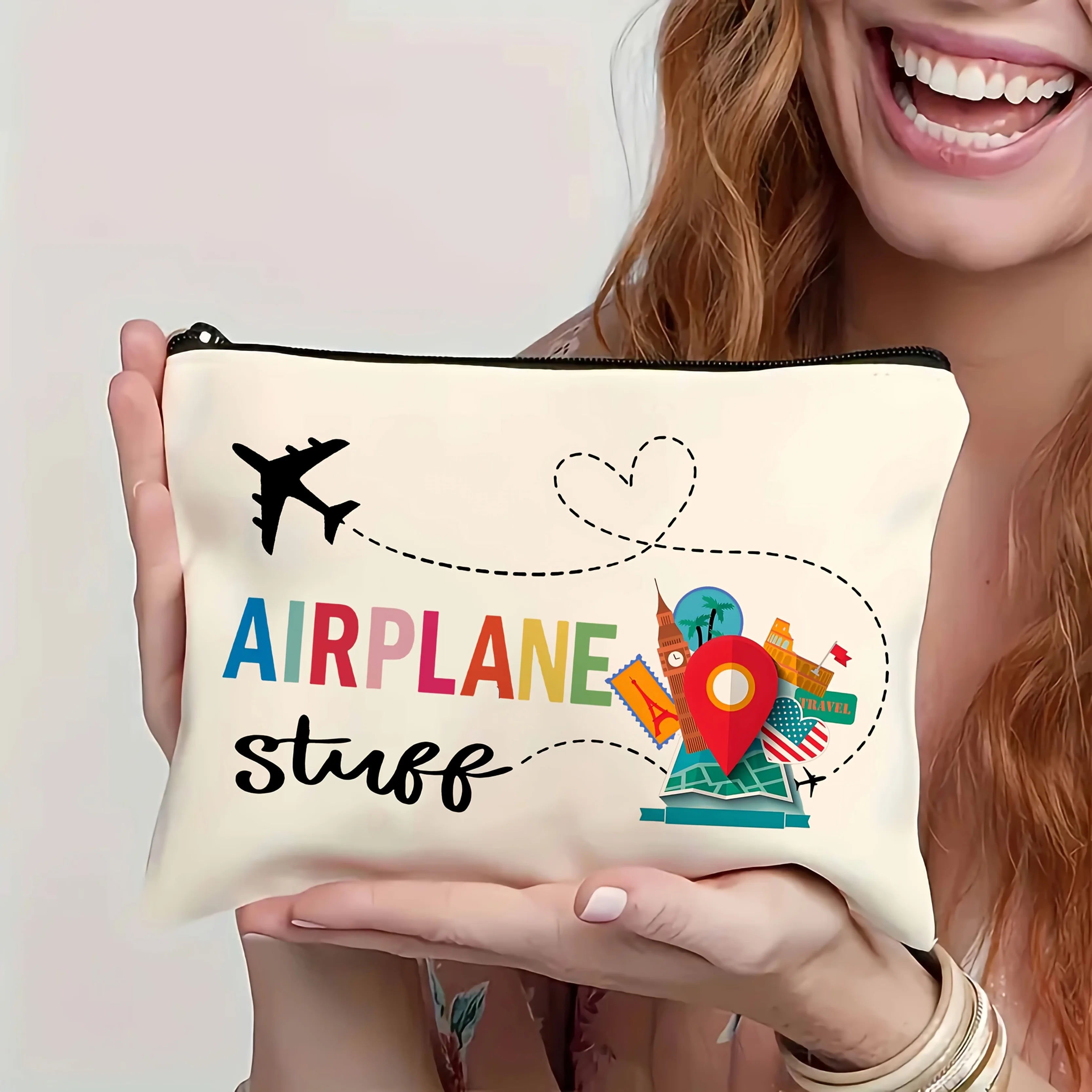 Cute Multifunctional Travel-themed Makeup Bag - A compact and stylish makeup bag designed for everyday beauty essentials. Features practical storage space with a secure zipper closure. Perfect for travel, work, or daily use.