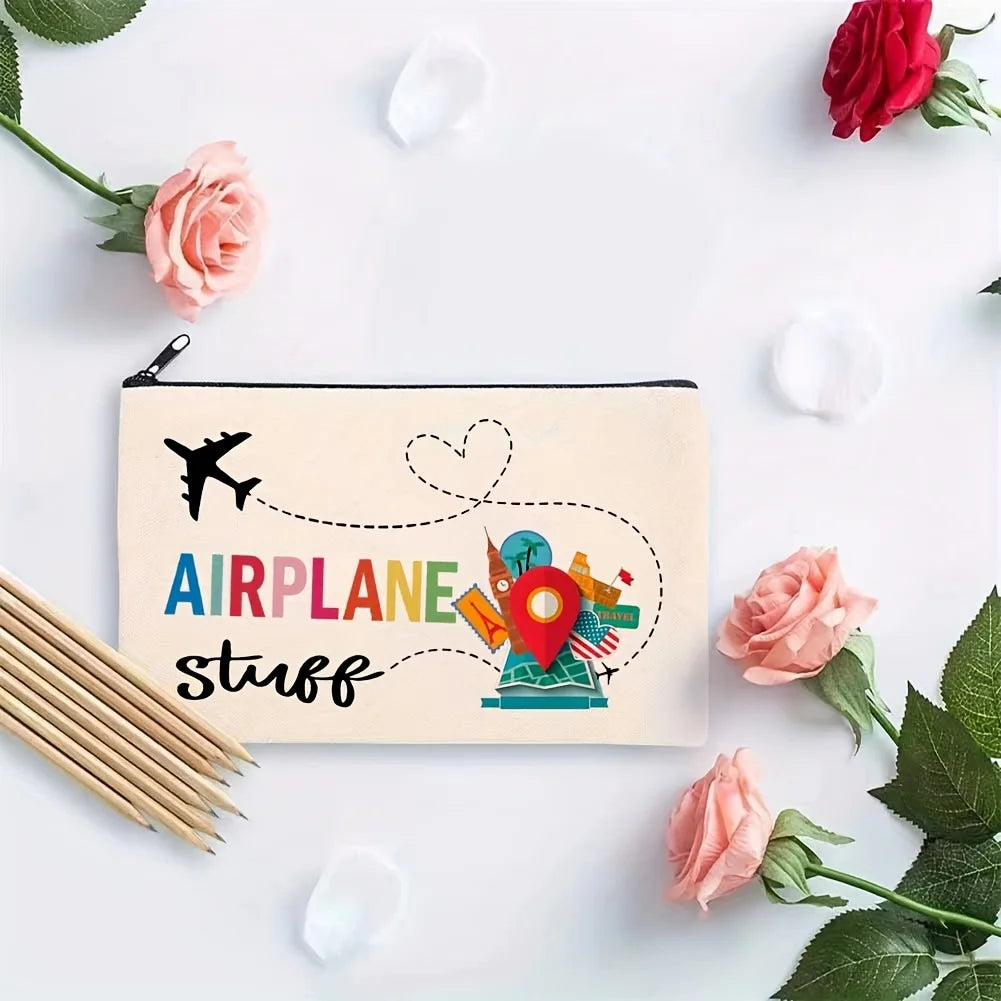 Cute Multifunctional Travel-themed Makeup Bag - A compact and stylish makeup bag designed for everyday beauty essentials. Features practical storage space with a secure zipper closure. Perfect for travel, work, or daily use.