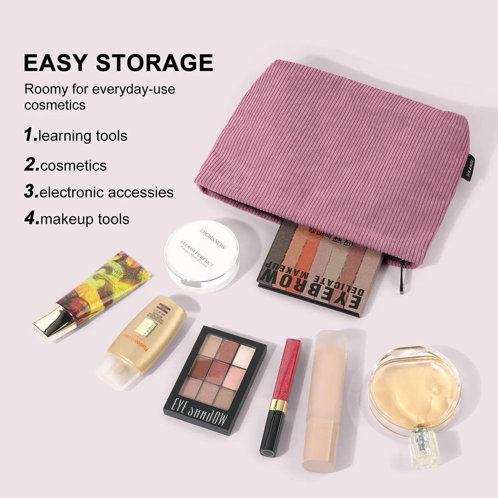 Corduroy Cosmetic Bag - Soft Travel Case A soft corduroy cosmetic bag with a stylish look and roomy interior. Ideal for storing makeup, brushes, and small skincare items. Lightweight, durable, and easy to carry for travel or daily use.